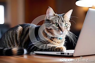 Curious Tabby Cat Looking at Laptop Screen on Desk with Blue Collar and Bell Stock Photo
