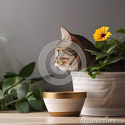 A curious tabby cat peeking out from behind a flower pot, with a mischievous glint in its eyes3 Stock Photo