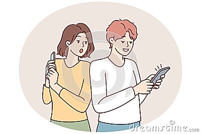 Curious woman looking at boyfriend phone spying on social media correspondence. Vector image Vector Illustration