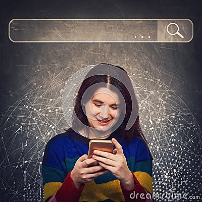 Curious woman using smartphone browsing network search bar with loupe to find useful information and data. Internet searching Stock Photo