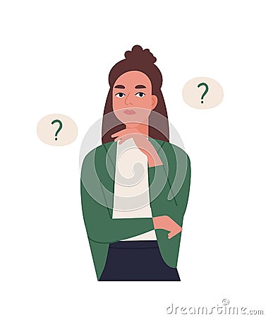 Curious young woman solving problem. Pensive or thinking girl surrounded by thought balloons with interrogation points Vector Illustration