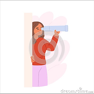 Curious young woman spying, observing, sneaking. Girl peeping look through spy glass hiding Vector Illustration