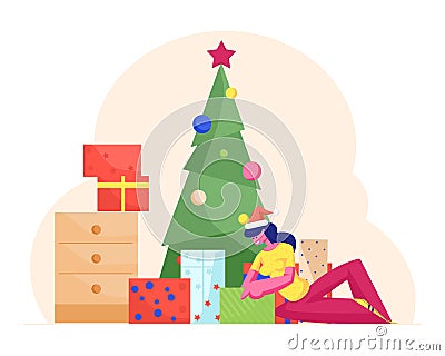 Curious Young Woman Wearing Santa Claus Hat Sitting under Decorated Christmas Tree with Many Gift Boxes Vector Illustration