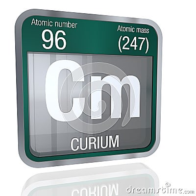 Curium symbol in square shape with metallic border and transparent background with reflection on the floor. 3D render Stock Photo