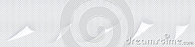 Curl corner set with shadows isolated on transparent background. 5 abstract flipped paper pages in row, curved paper Vector Illustration