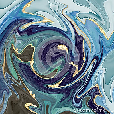 Curl turquoise gold marbling abstract luxury composition Inkscapes. Watercolour landscape, texture, Alcohol ink, Fluid Stock Photo