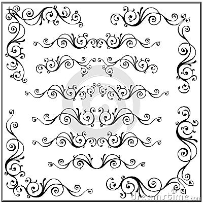 Curled calligraphic design frame corner elements. Vector set isolated on white. Vector Illustration