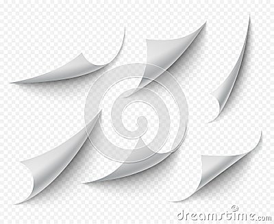 Curled corners. White transparent empty curve pages vector realistic template Vector Illustration