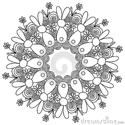 Curled mandala with spirals and silhouettes of bunnies Easter coloring page in the form of a round frame with patterns Vector Illustration