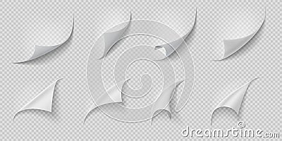 Curled page corner. Folded and rolled paper corner set isolated on transparent background. Vector white curling book Vector Illustration