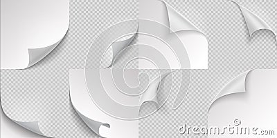 Curled page corners. Flipped and turning paper page set on transparent background. Vector folded or turn-up book page Vector Illustration