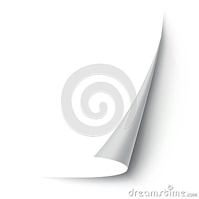 Curled paper corner. Curve page corner, page edge curl and bent paper sheet with realistic shadow. Paper corner fold Vector Illustration