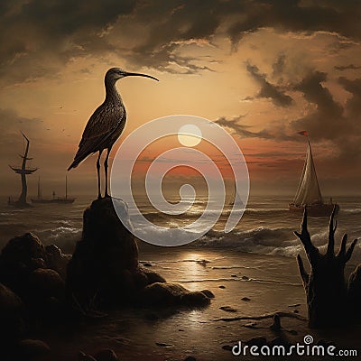 Curlew in Clontarf, Ireland Made With Generative AI illustration Cartoon Illustration