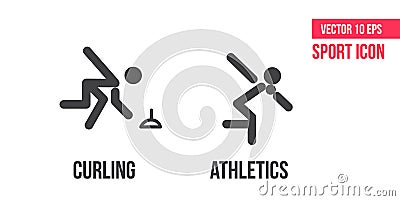 Curling and athletics sign icon. Set of sport vector line icons, logo. Curling and athletics pictogram Vector Illustration