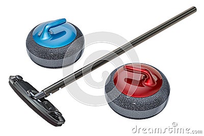 Curling broom and curling stones, 3D rendering Stock Photo