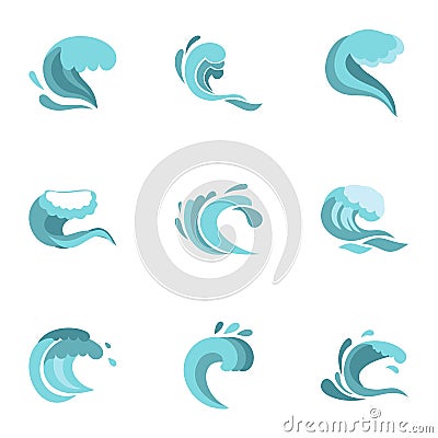 Curling and cracking wave icons set, flat style Vector Illustration