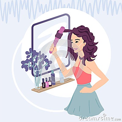 Curling hair, styling, curls, hair car, Girl smiles in the mirror, beautiful hair, cosmetic hair care, curling iron and Vector Illustration