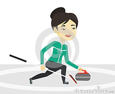 Curling player playing curling on curling rink. Vector Illustration