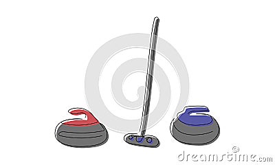 Curling set with broom and stone colored one line art. Continuous line drawing of sport, winter, match, player, sports Vector Illustration