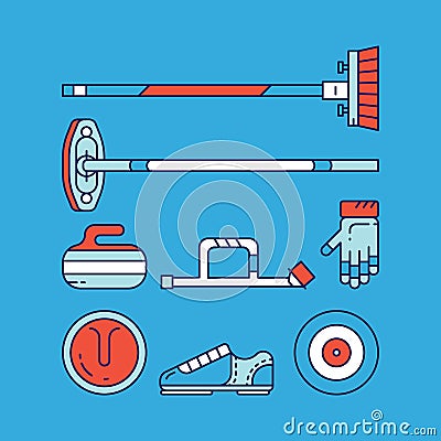 Curling sport main icons and symbols. Vector Illustration