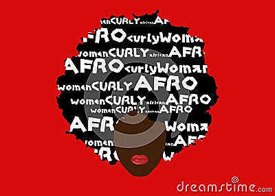 Curly afro hair, portrait African Woman , dark skin female face with ethnic traditional curly hair afro, cartoon style and text Vector Illustration