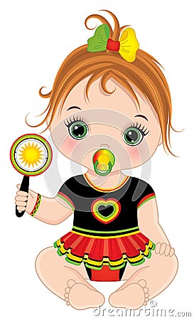 Cute Little Reggae Baby Girl with Pacifier Holding Rattle. Vector Reggae Baby Girl Vector Illustration