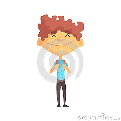 Curly Boy In Blue T-shirt Smiling, Primary School Kid, Elementary Class Member, Isolated Young Student Character Vector Illustration