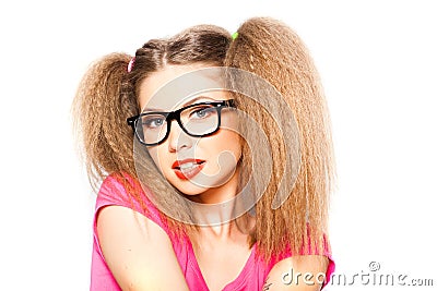 Curly girl with hipster glasses and two tails Stock Photo