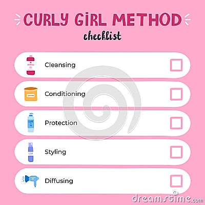 Curly girl method checklist about care of curly hair with cute hand drawn vector illustrations. Right care sequence for beautiful Vector Illustration