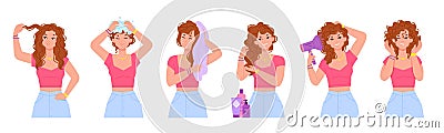 Curly hair process. Curl girl method concept, beautiful women with wash head use haircare tools wet hair care applicator Vector Illustration