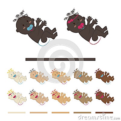 A curly-haired baby with a pacifier in a diaper lies on his back. Set of vector cliparts of small children with different colors Vector Illustration