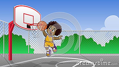 Curly haired kids playing basketball on the basketball court Vector Illustration