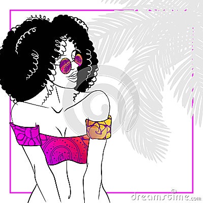 Curly haired woman in bikini Vector Illustration