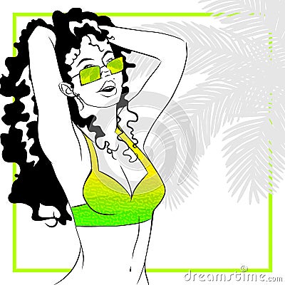 Curly haired woman in bikini Vector Illustration