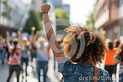 Curly-haired woman at protest, fist upraised, surrounded by other demonstrators in the city Stock Photo
