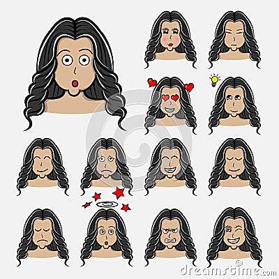 curly length hair Set of woman`s emotions. Facial expression. Girl Avatar. Hand drawn style vector Vector Illustration