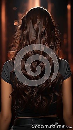 Curly noir allure Back view of brunette, long hair in studio pose Stock Photo