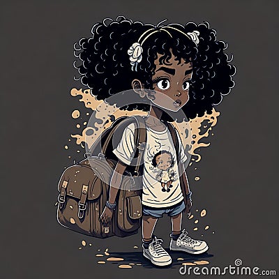 Curly-Silky Adventures: A Detailed Cartoon Illustration of an Adorable Tan Girl with a Backpack Cartoon Illustration