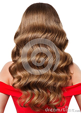 Curly Woman Hairstyle Rear View over isolated White. Wavy Long Shining Hair Styling Back Side. Brunette Model with Hollywood Wave Stock Photo