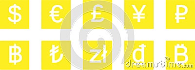 Currency icons - international currencies in airport style design - Dollar, Euro, Pound, Bitcoin Stock Photo