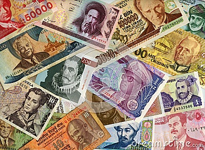 Currencies from around the world, paper banknotes. Stock Photo