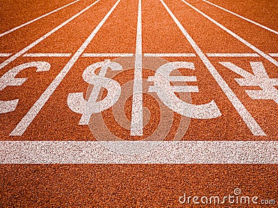 Currencies symbols on running trace start Stock Photo