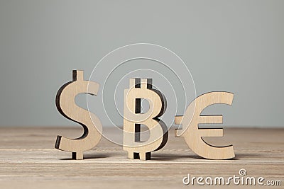 Currency and Crypto symbols bitcoin dollar euro Stock Photo