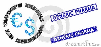 Currency Diagram Mosaic and Scratched Rectangle Generic Pharma Stamps Vector Illustration