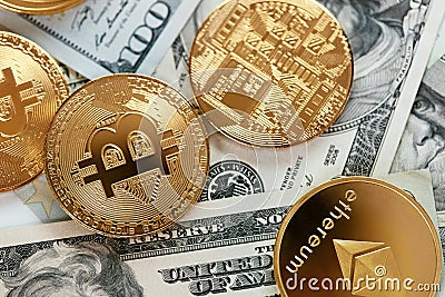 Currency. Digital Money Coins On Cash. Bitcoin And Ethereum Editorial Stock Photo