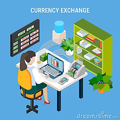 Currency Exchange Banking Isometric Composition Vector Illustration