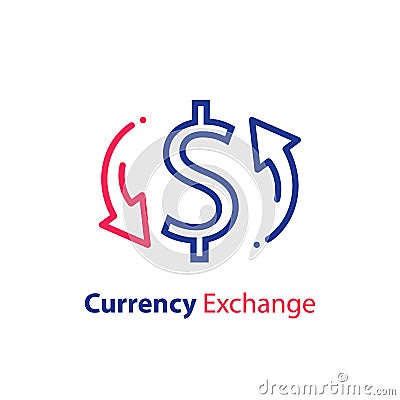 Currency exchange, dollar sign and circle arrow, fast loan, financial solution Vector Illustration