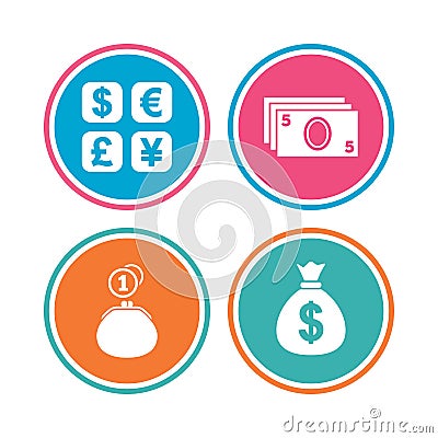 Currency exchange icon. Cash money bag, wallet. Vector Illustration