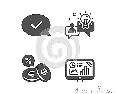 Currency exchange, Idea and Approved message icons. Analytics graph sign. Vector Vector Illustration