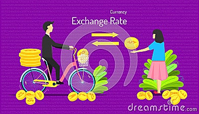 The currency exchange rate. transfer money different type of coin. male give many medal to female one medal. number background. Vector Illustration